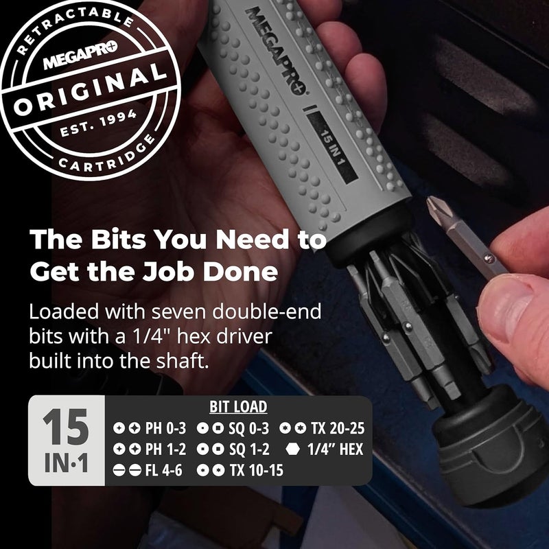 Megapro ® 15-in-1 Original Multi-bit Screwdriver | Home DIY & Repair | Construction | Tradeswork | 14 Industrial-grade bit tips | 1/4" Hex Drive in shaft (Original NAS Light Grey/Charcoal) - Image 2